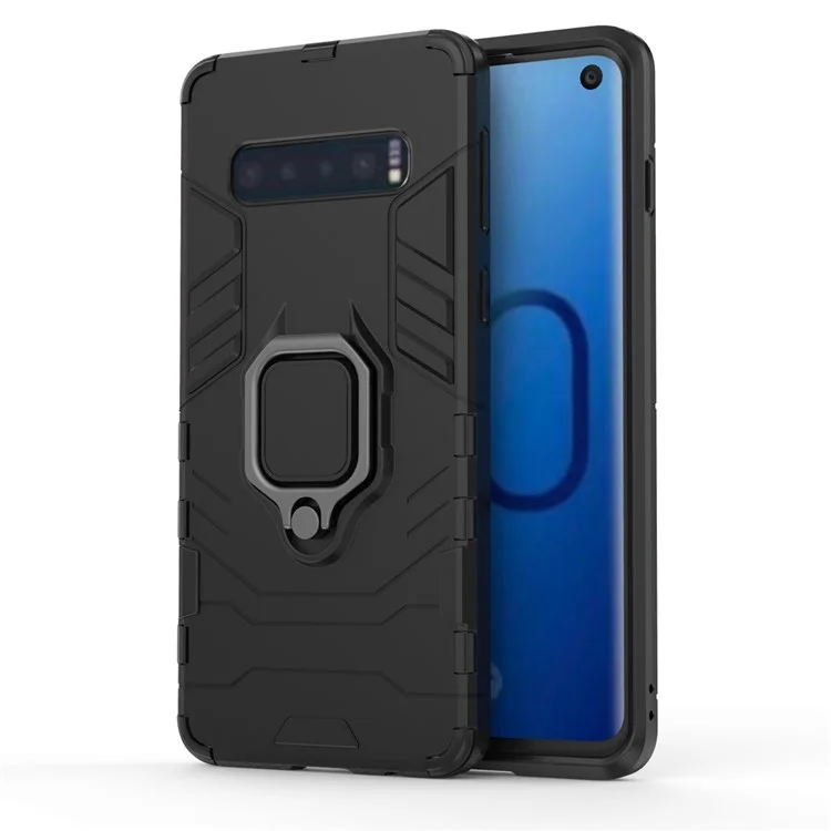 Para Samsung Galaxy S10 Finger Ring Kickstand PC + TPU Hybrid Mobile Case - Negro