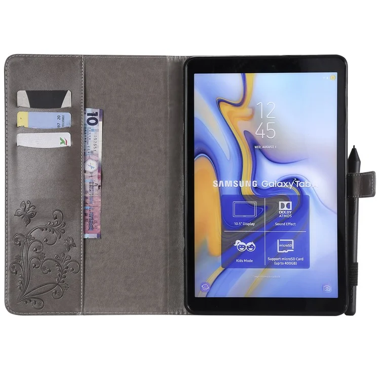 KT Tablet Series-3 Imprima Butterfly Leather Stand Stand Caso Para Samsung Galaxy Tab A 10.5 (2018) T590 T595 T597 - Cinza