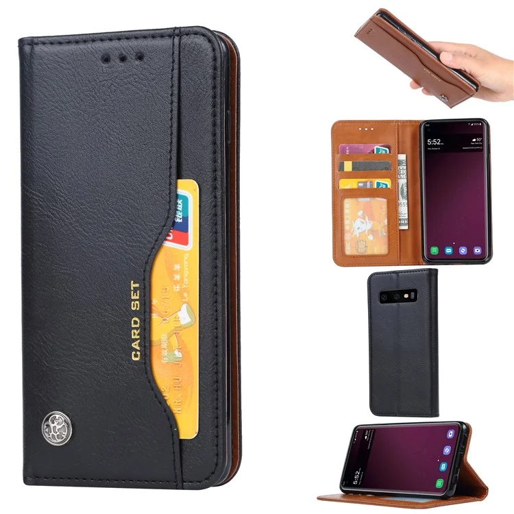 PU Leather Auto-absorbed Stand Wallet Phone Case for Samsung Galaxy S10 Plus - Black