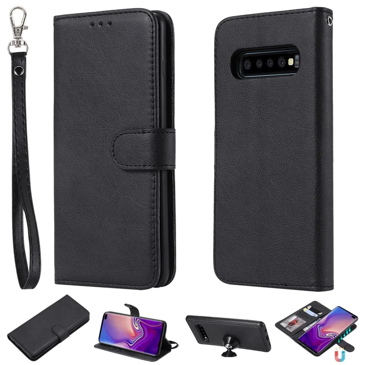 For Samsung Galaxy S10 Plus Case 2 in 1 Detachable Magnetic Leather Wallet Mobile Cover with Strap - Black