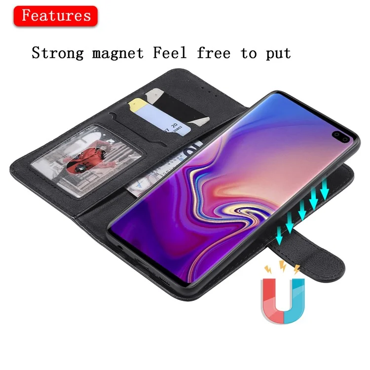For Samsung Galaxy S10 Plus Case 2 in 1 Detachable Magnetic Leather Wallet Mobile Cover with Strap - Black