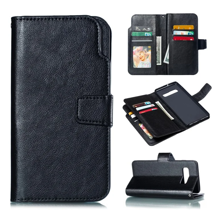 Per Samsung Galaxy S10 Plus [9 Slot Per Schede] Crazy Horse Portafoglio In Pelle - Nero