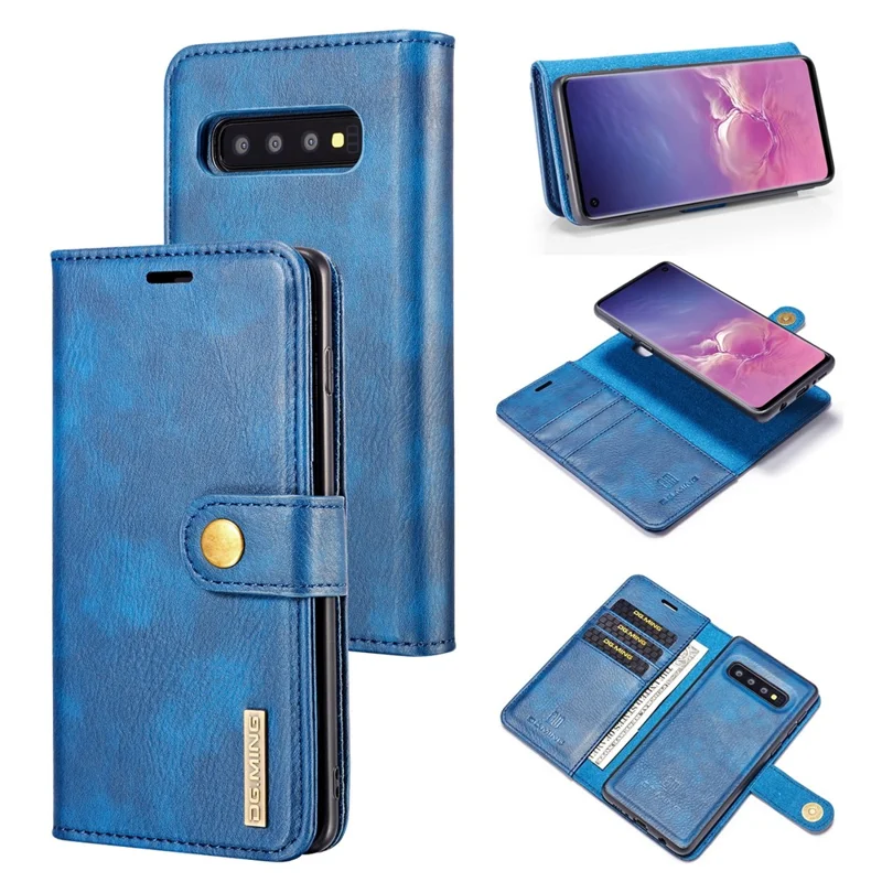 DG.MING Detachable 2-in-1 Anti-scratch Split Leather Wallet Cover Shell + PC Back Case for Samsung Galaxy S10 Plus - Blue