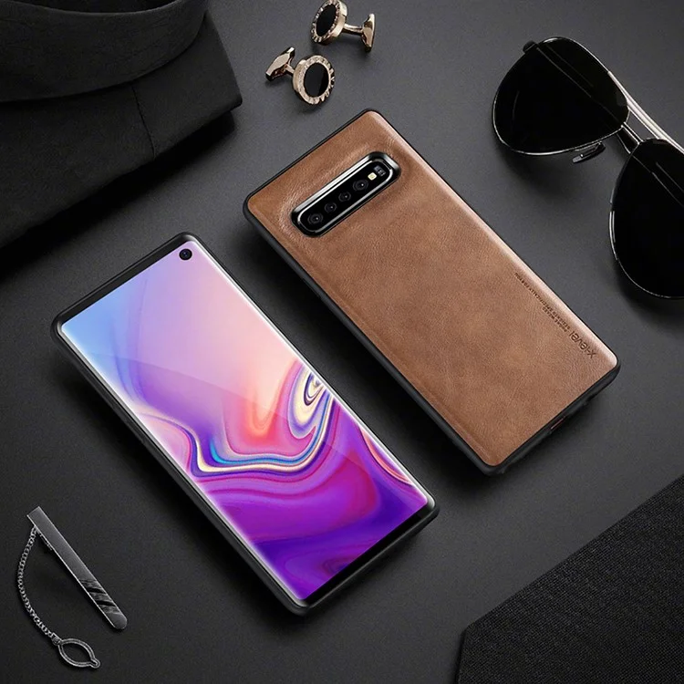 X-LEVEL Vintage Style PU Leather Coated TPU Phone Case for Samsung Galaxy S10 - Marrom