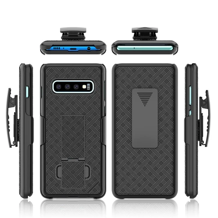 Pour Samsung Galaxy S10 Plus Clip de Ceinture Pivotante Clip Kickstand Holster PC TPU Hybrid Cover [texture Tissée] - le Noir