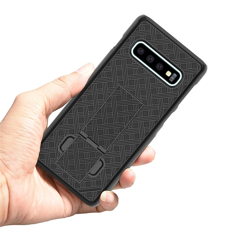 For Samsung Galaxy S10 Plus Swivel Belt Clip Kickstand Holster PC TPU Hybrid Cover [Woven Texture ] - Black