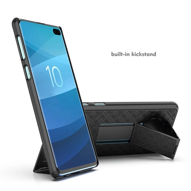 Pour Samsung Galaxy S10 Plus Clip de Ceinture Pivotante Clip Kickstand Holster PC TPU Hybrid Cover [texture Tissée] - le Noir