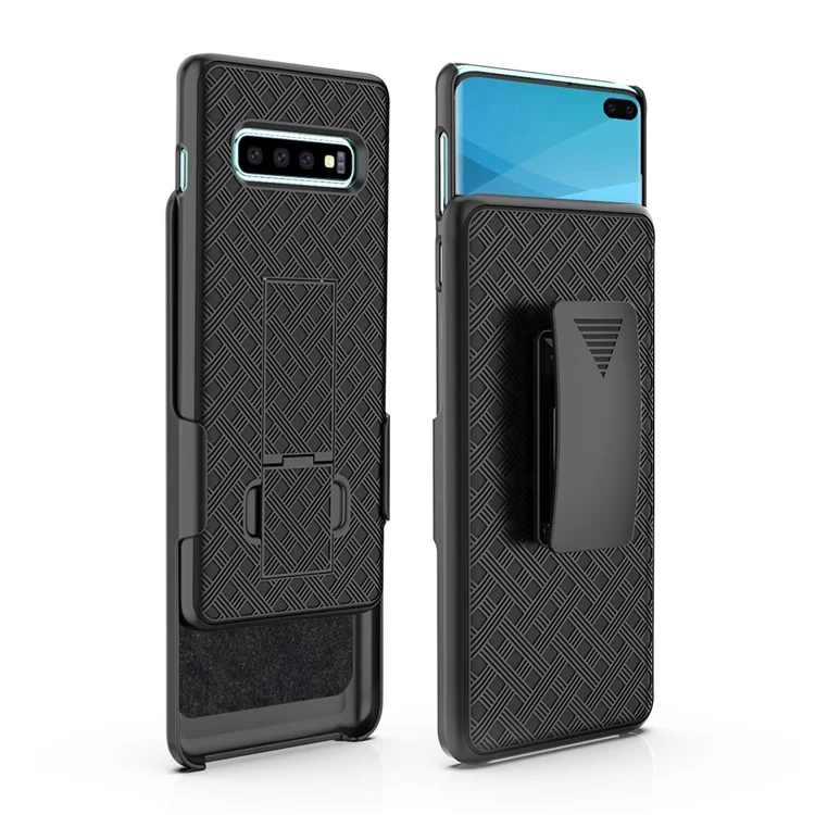 Für Samsung Galaxy S10 Plus Drehgürtel -clip -kickstand -holster PC TPU Hybrid -cover [gewebte Textur] - Schwarz