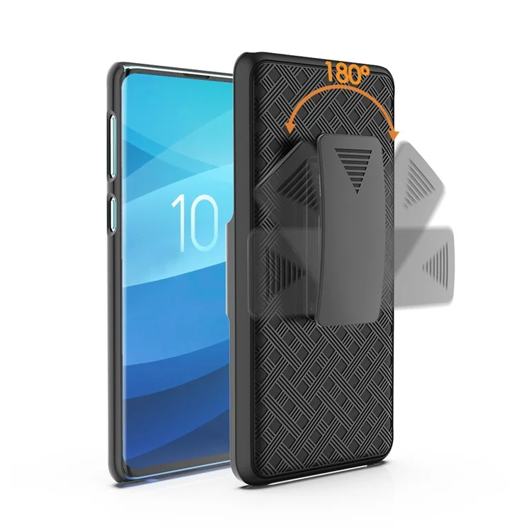 For Samsung Galaxy S10 Plus Swivel Belt Clip Kickstand Holster PC TPU Hybrid Cover [Woven Texture ] - Black