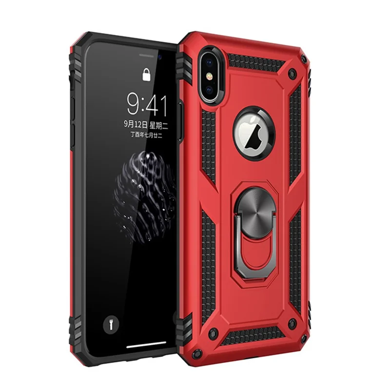 Hybrid PC TPU Armor Case with Kickstand for iPhone XS/X 5.8 inch - Red