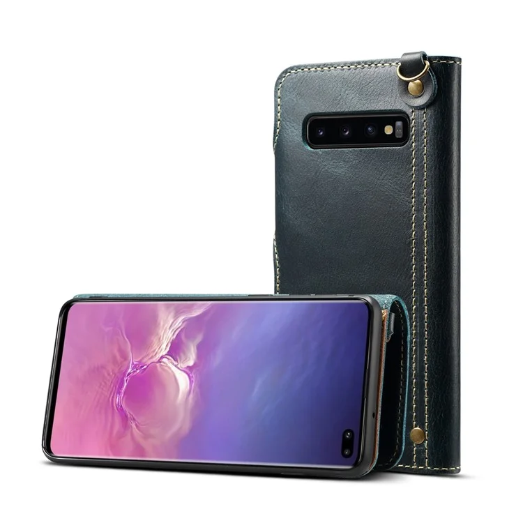 Capa de Telefone de Couro Genuíno com Cordão para Samsung Galaxy S10 Plus - Azul