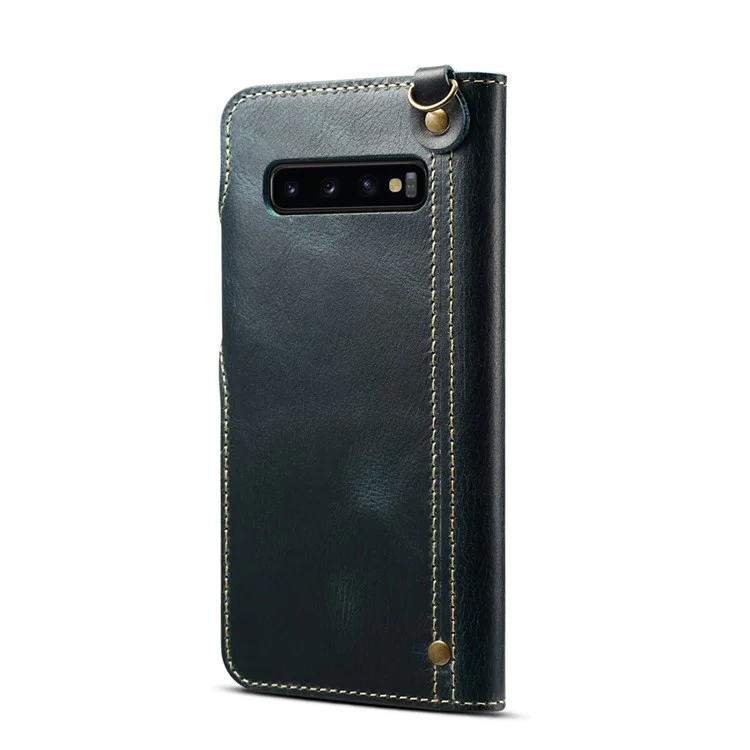Capa de Telefone de Couro Genuíno com Cordão para Samsung Galaxy S10 Plus - Azul