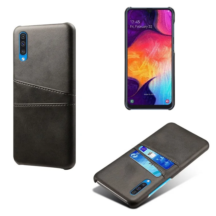 Cachettes à Double Carte PU en Cuir Enduit PC Mobile Phone Shell Pour Samsung Galaxy A50 / A50 / A30 - le Noir