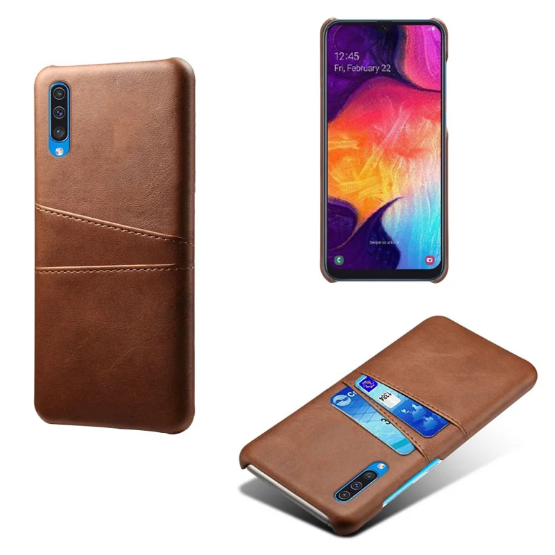 Coque de téléphone portable en PC enduit de cuir PU à double emplacement pour carte pour Samsung Galaxy A50 / A50s / A30s - Marron