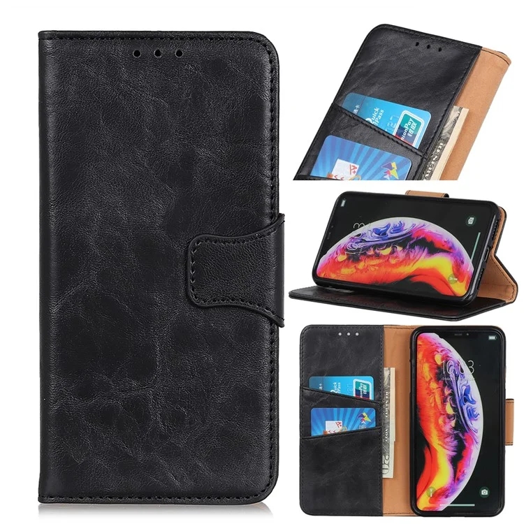 For Samsung Galaxy A40 Phone Case Split Leather Phone Protector Drop-proof Crazy Horse Flip Cover with Stand Wallet - Black