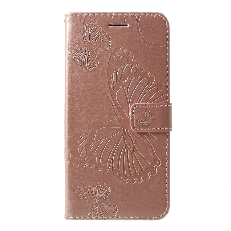 KT Imprinting Flower Series-2 Imprint Butterfly Leather Wallet Mobile Case for Samsung Galaxy M10/A10 - Rose Gold