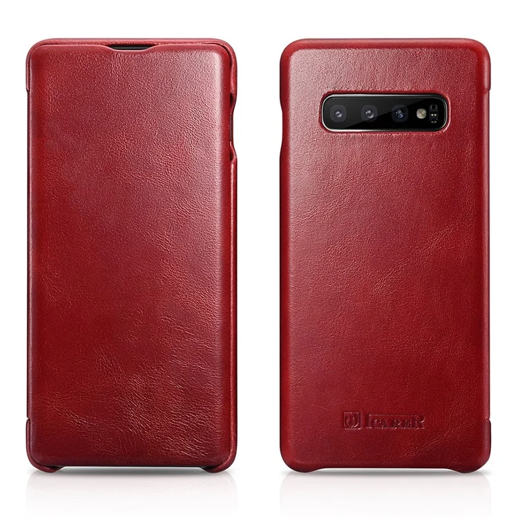 Cubierta de Caja de Cuero Genuina de Borde Curvado de Icarer Para Samsung Galaxy S10 - Rojo