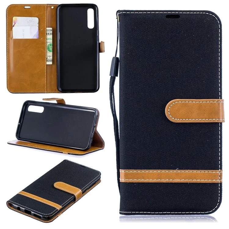 Assorted Color Jeans Cloth Wallet Stand Leather Shell for Samsung Galaxy A50 / A50s / A30s - Black