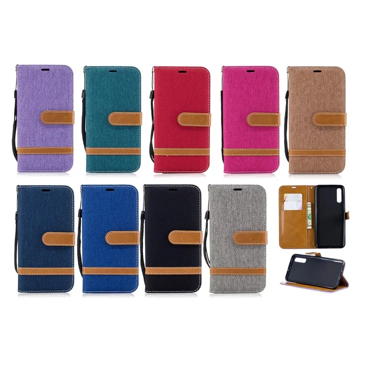 Assorted Color Jeans Cloth Wallet Stand Leather Shell for Samsung Galaxy A50 / A50s / A30s - Black