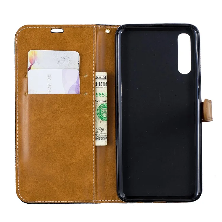 Assorted Color Jeans Cloth Wallet Stand Leather Shell for Samsung Galaxy A50 / A50s / A30s - Black