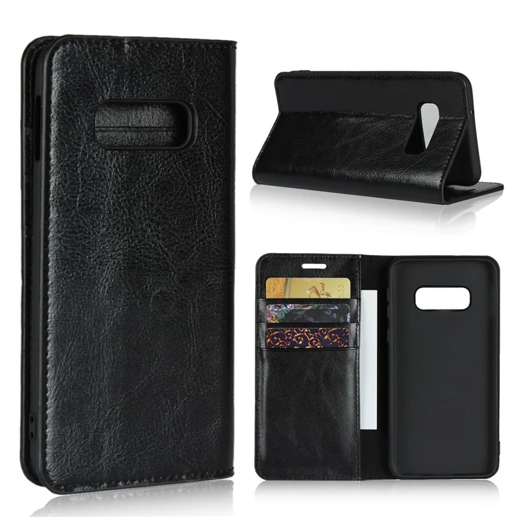 Crazy Horse Genuine Leather Wallet Phone Cover for Samsung Galaxy S10e - Black