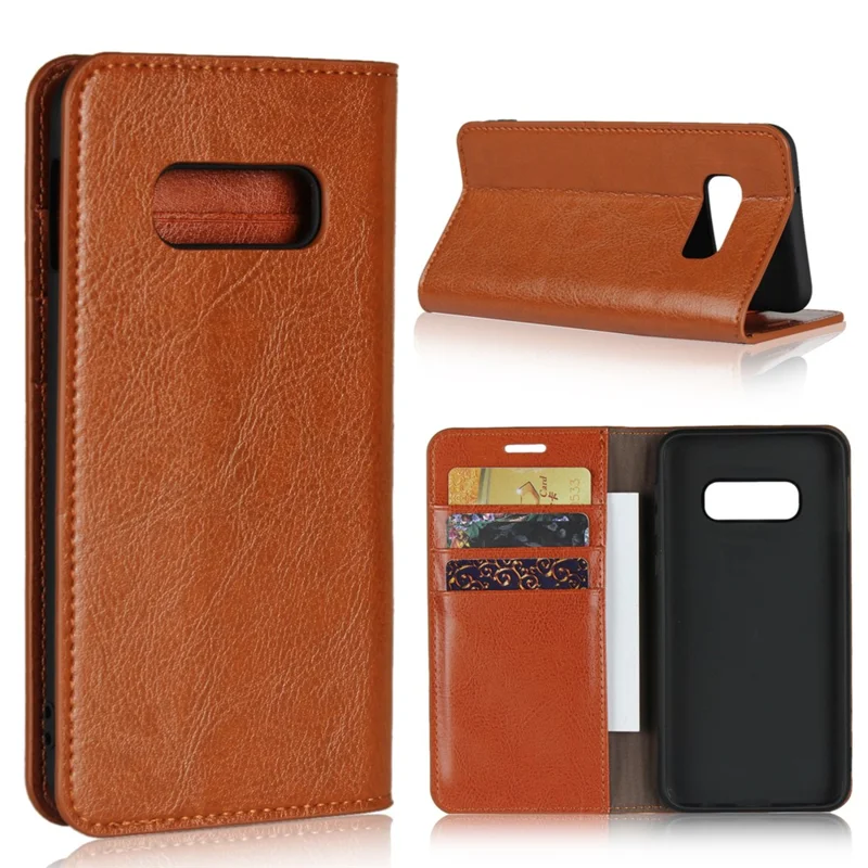 Crazy Horse Genuine Leather Wallet Phone Cover for Samsung Galaxy S10e - Brown