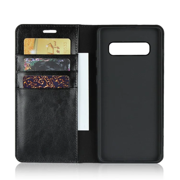 Crazy Horse Wallet Stand Véritable Étui en Cuir Pour Samsung Galaxy S10 Plus - le Noir