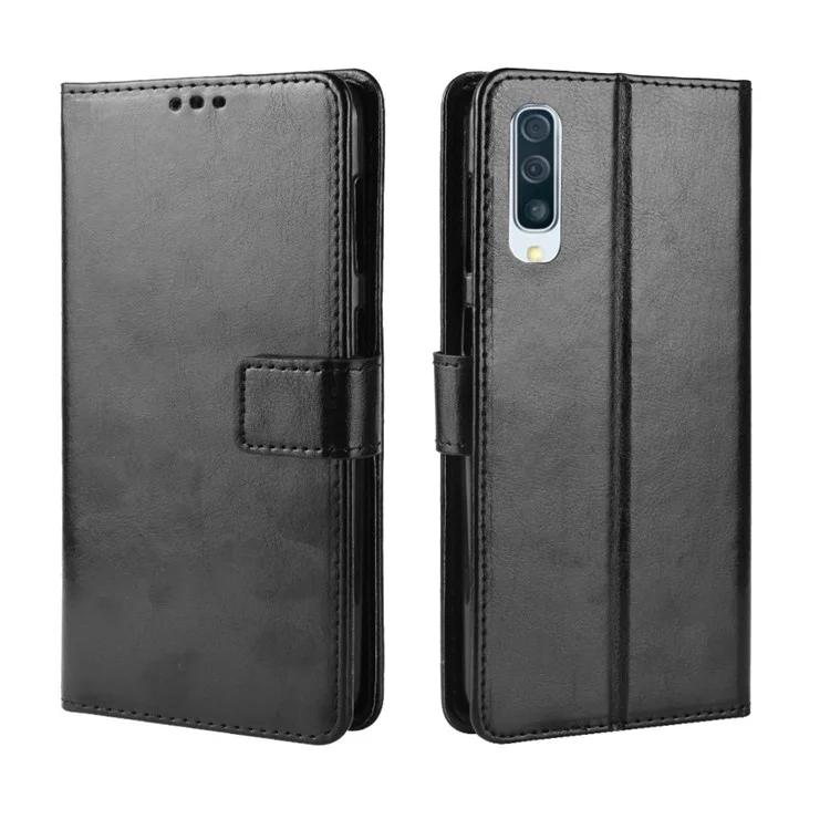 Crazy Horse Leather Wallet Stand Phone Cover with Strap for Samsung Galaxy A50 / A50s / A30s - Black