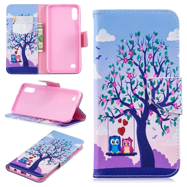 Pattern Printing PU Leather Wallet Cover Shell for Samsung Galaxy A10 - Two Swinging Owls