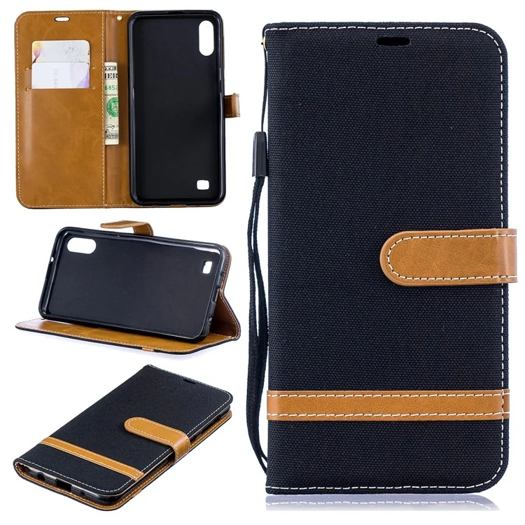 Case de Cuero de Billetera de Tela de Jeans de Color Variado Para Samsung Galaxy A10 - Negro