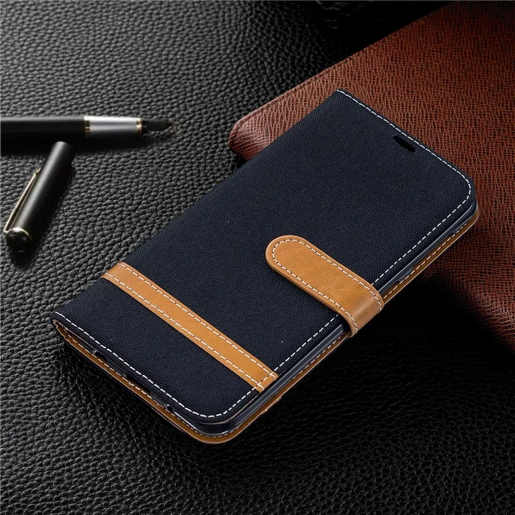 Case de Cuero de Billetera de Tela de Jeans de Color Variado Para Samsung Galaxy A10 - Negro