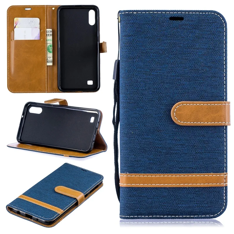 Assorted Color Jeans Cloth Wallet Stand Leather Case for Samsung Galaxy A10 - Dark Blue