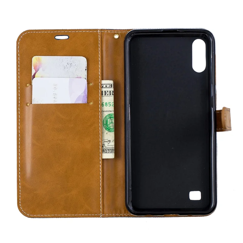 Assorted Color Jeans Cloth Wallet Stand Leather Case for Samsung Galaxy A10 - Dark Blue