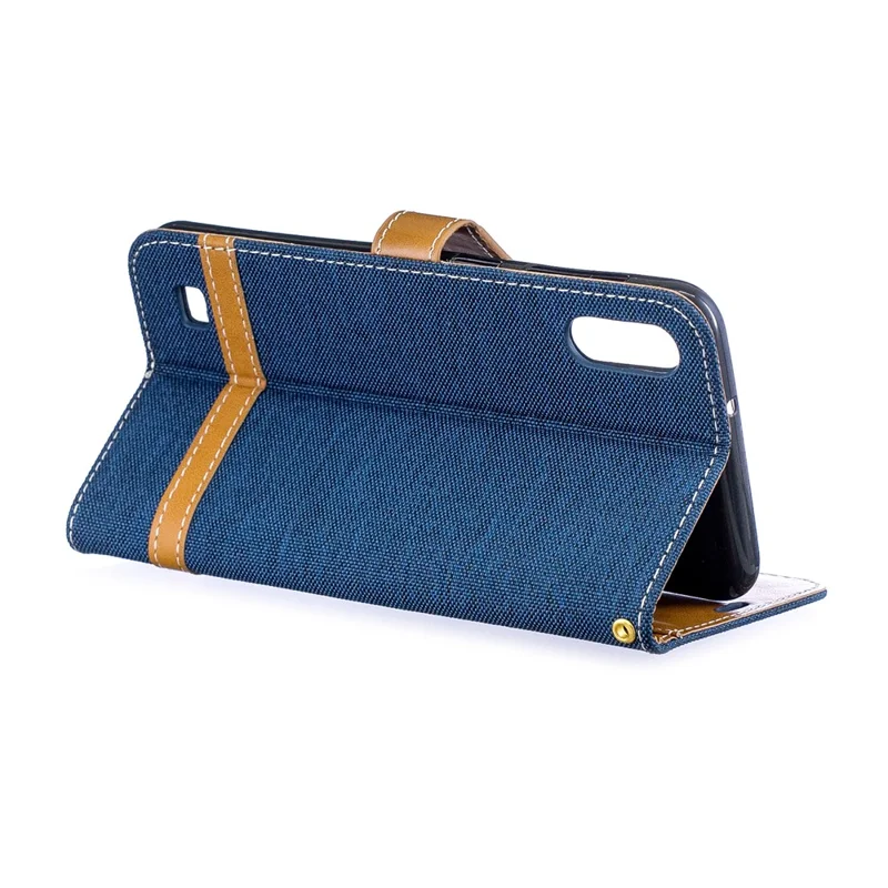 Assorted Color Jeans Cloth Wallet Stand Leather Case for Samsung Galaxy A10 - Dark Blue