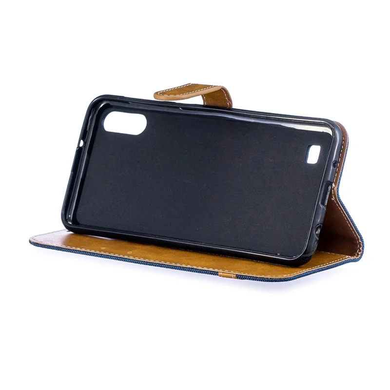 Assorted Color Jeans Cloth Wallet Stand Leather Case for Samsung Galaxy A10 - Dark Blue