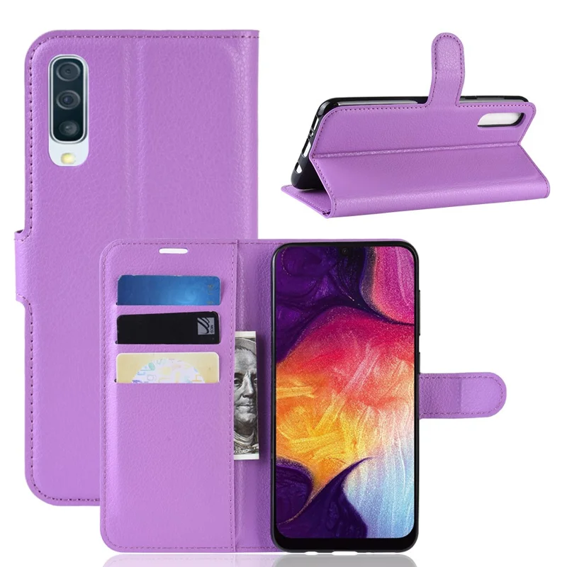 Litchi Skin Wallet Leather Stand Case for Samsung Galaxy A50 / A50s / A30s Cell Phone Case - Purple