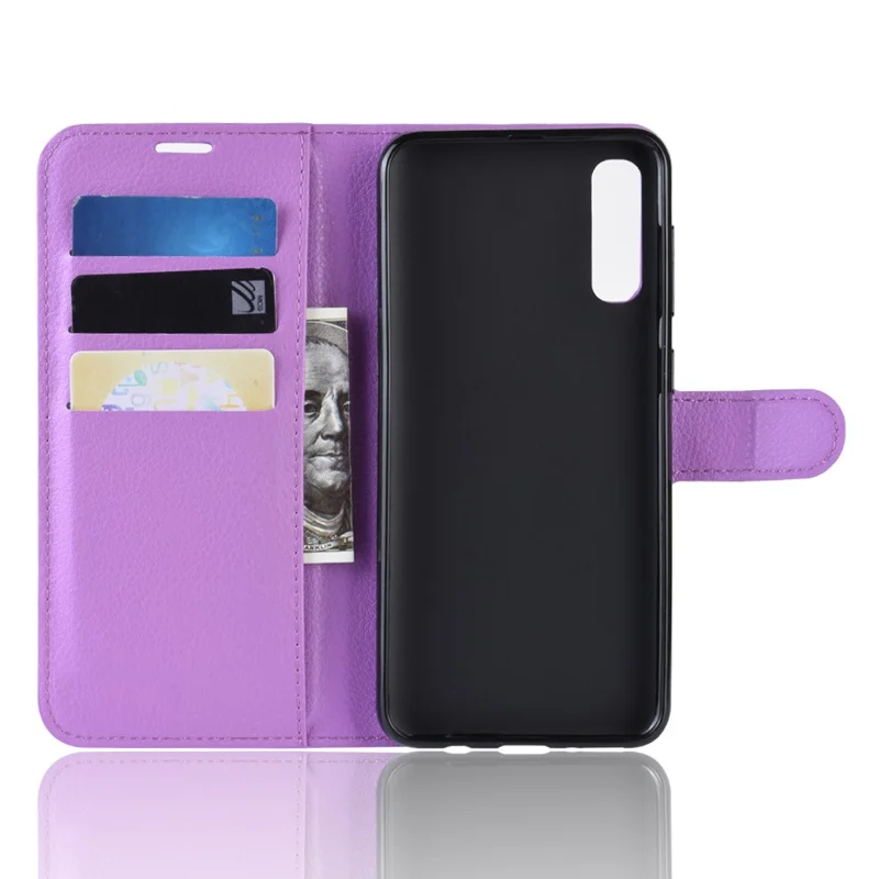 Litchi Skin Wallet Leather Stand Case for Samsung Galaxy A50 / A50s / A30s Cell Phone Case - Purple