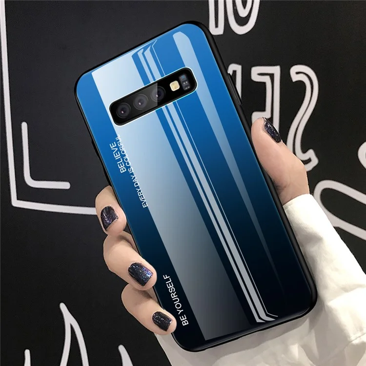 Carie de Téléphone Portable en Verre Trempé du Gradient + PC Pour Samsung Galaxy S10 Plus - Bleu / le Noir