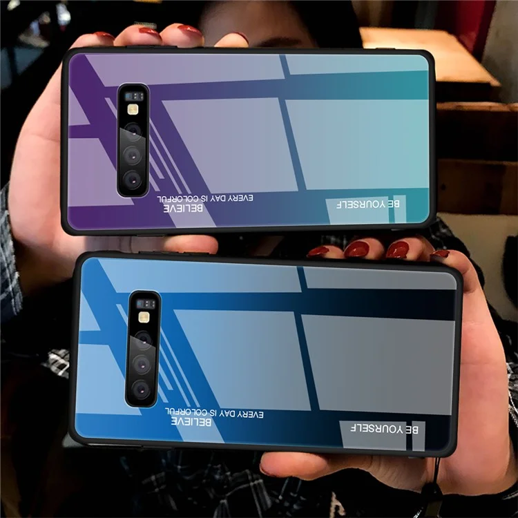 Carie de Téléphone Portable en Verre Trempé du Gradient + PC Pour Samsung Galaxy S10 Plus - Bleu / le Noir