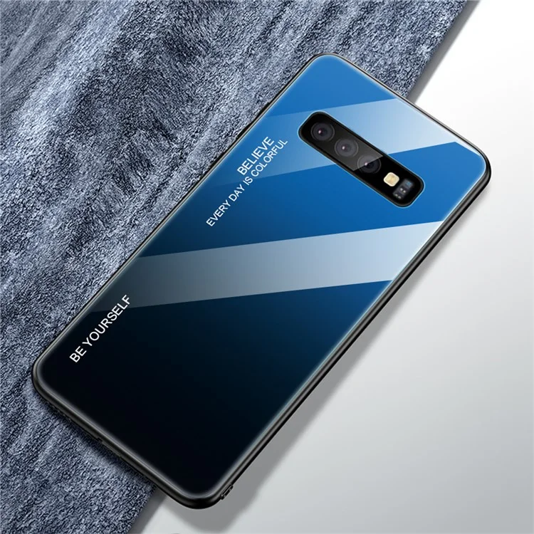 Gradiente de Vidrio Templado TPU + PC Case de Teléfonos Celulares Para Samsung Galaxy S10 Plus - Azul / Negro