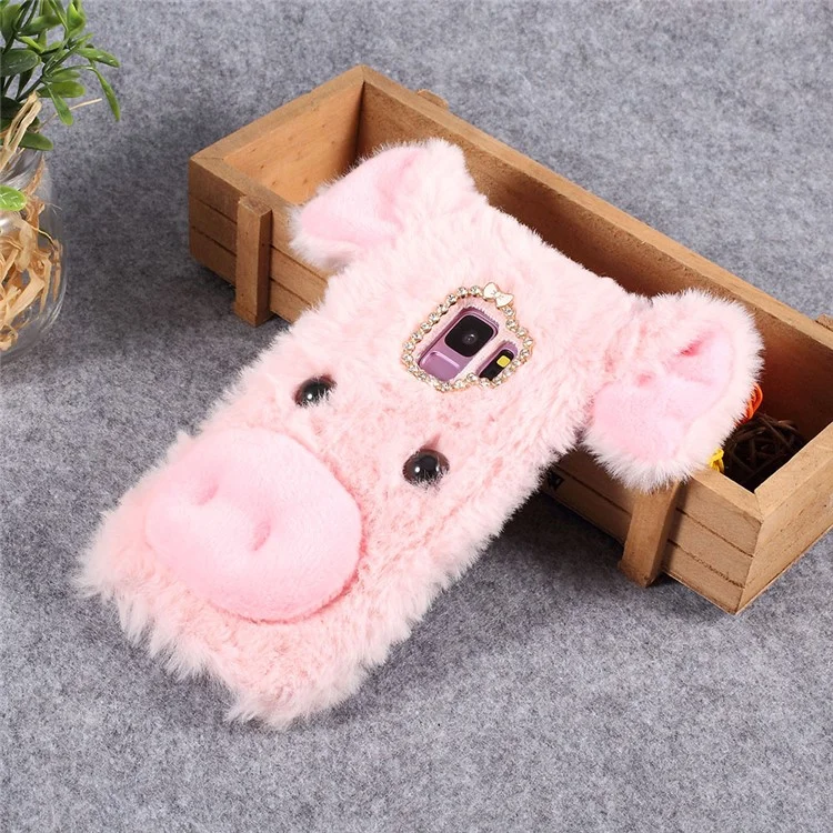 3D Cute Pig Pattern Soft Fur Coated Rhinestone TPU Phone Case Cover for Samsung Galaxy S9 - Pink