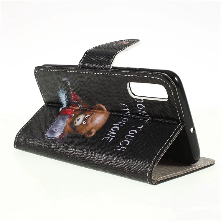 Capa de Carteira com Impressão de Padrão, Textura Cruzada e Couro PU para Samsung Galaxy A50 / A50s / A30s - Urso Marrom e Palavras de Aviso