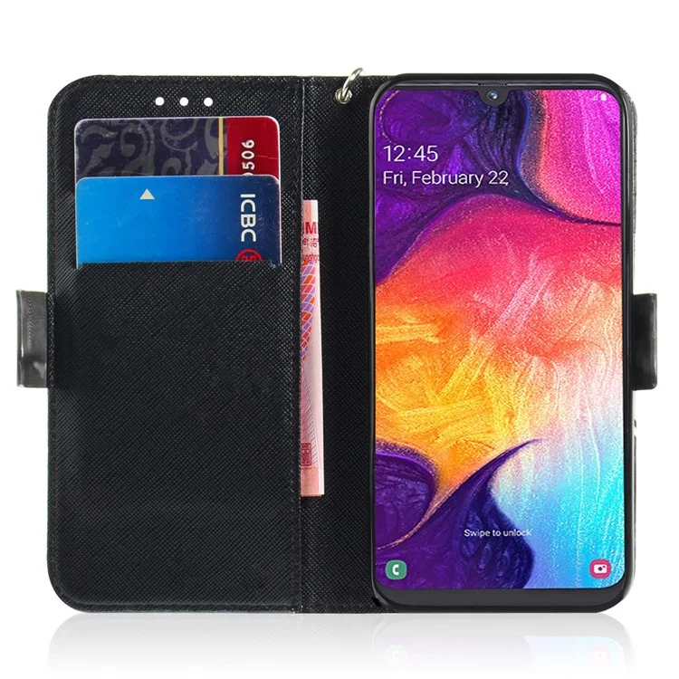 Caixa de Carteira de Couro de Impressão de Impressão de Padrões Para Samsung Galaxy A50 / A50s / A30s - Flor-azul