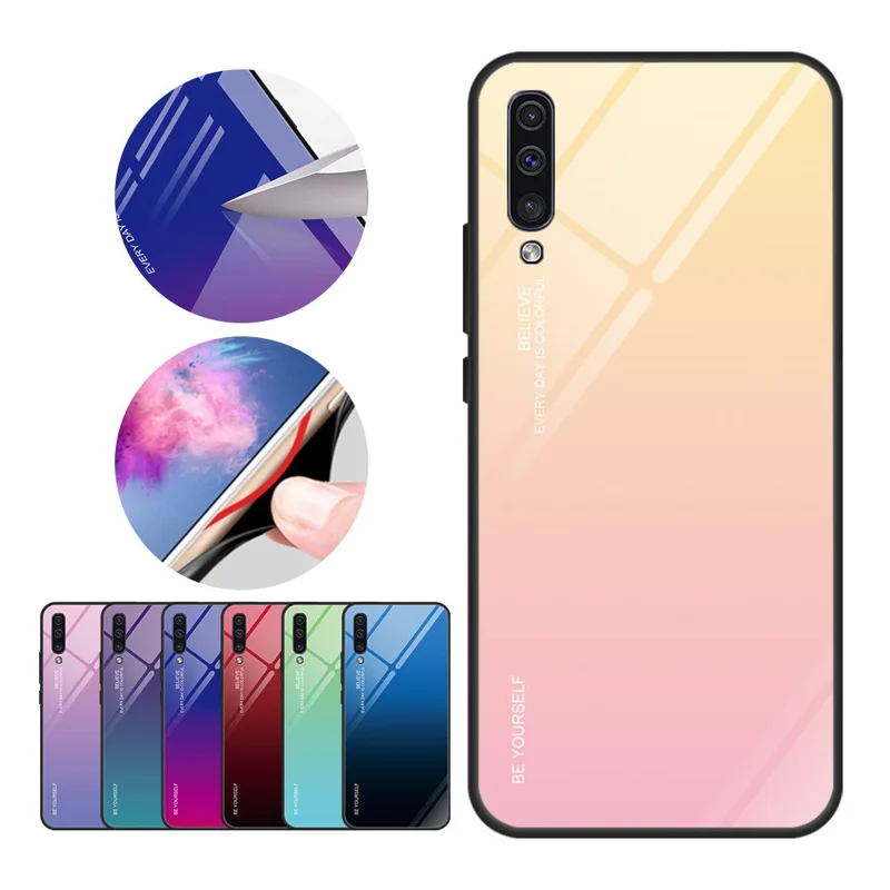 [Gradient Color] Glass + TPU + PC Phone Case Accessory for Samsung Galaxy A50 / A50s / A30s - Gold / Pink