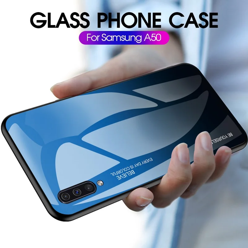 [Gradient Color] Glass + TPU + PC Phone Case Accessory for Samsung Galaxy A50 / A50s / A30s - Blue / Black