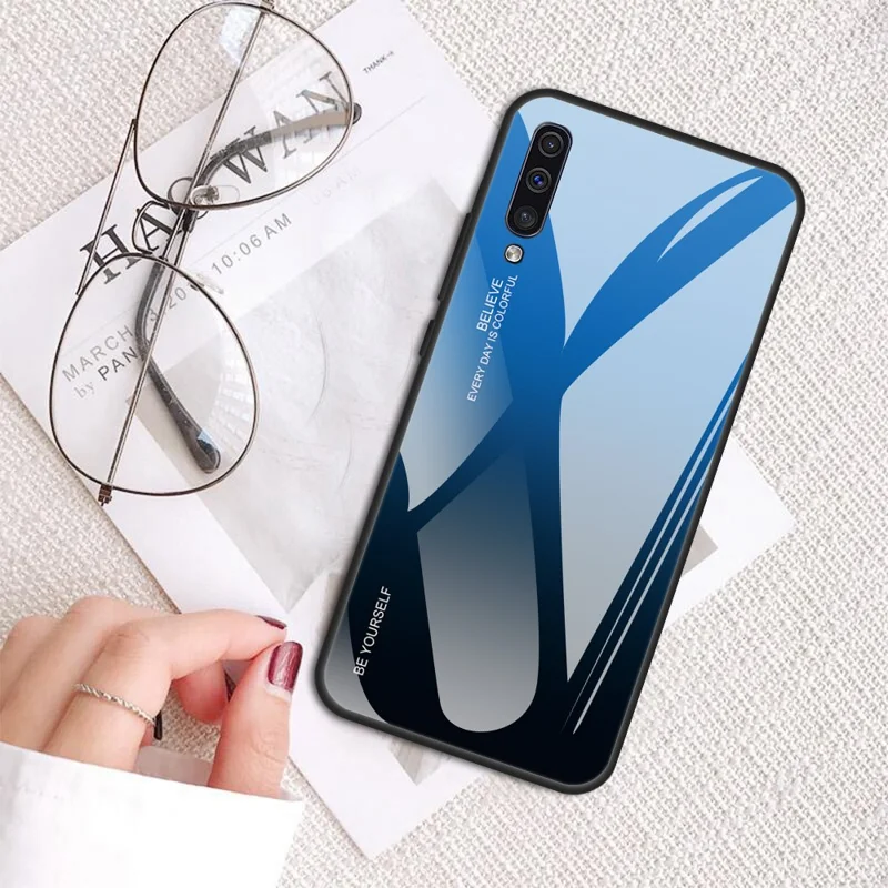 [Gradient Color] Glass + TPU + PC Phone Case Accessory for Samsung Galaxy A50 / A50s / A30s - Blue / Black