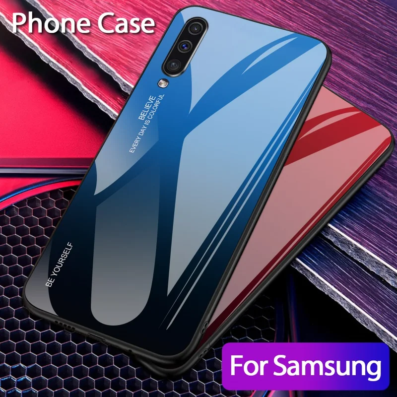 [Gradient Color] Glass + TPU + PC Phone Case Accessory for Samsung Galaxy A50 / A50s / A30s - Blue / Black