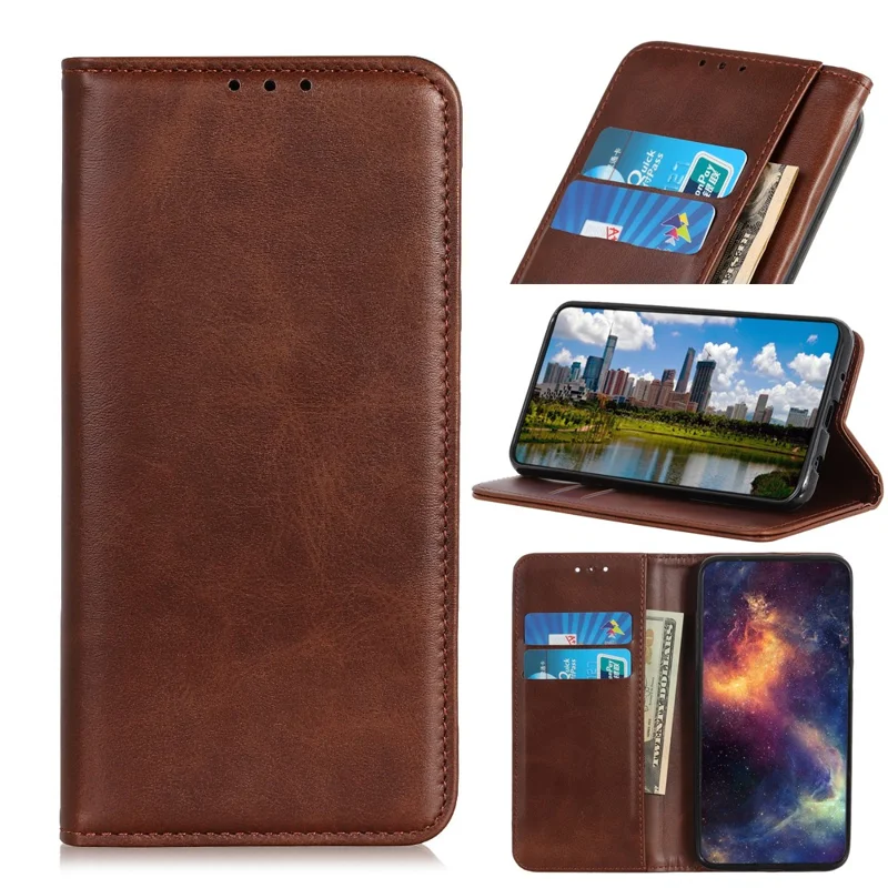 Auto-absorbed Split Leather Wallet Case for Samsung Galaxy S10 - Coffee