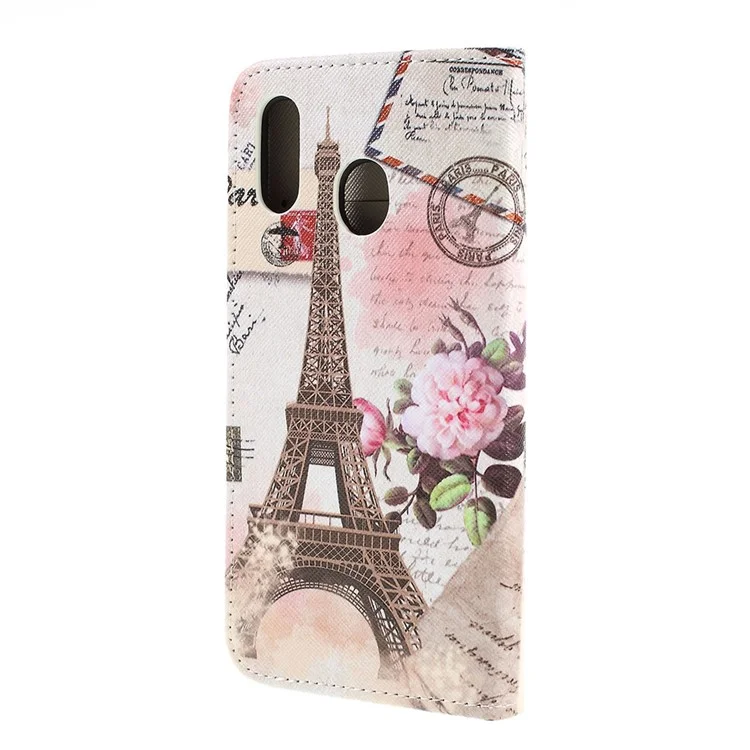 Cross Texture Pattern Printing Leather Wallet Cover for Samsung Galaxy A30/A20 - Eiffel Tower