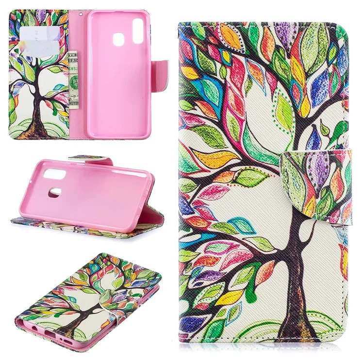 Pattern Printing Leather Wallet Case for Samsung Galaxy A40 - Colorized Tree